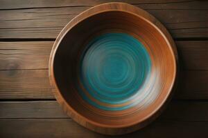 Empty wooden bowl on wooden background. Top view. Copy space. ai generative photo