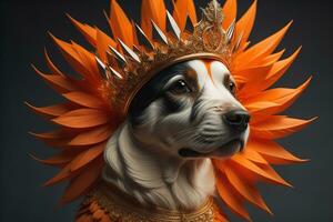 Portrait of a cute dog in a golden crown on a solid color background. ai generative photo