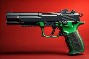 Semi-automatic handgun on a solid color background. Close-up. ai generative photo