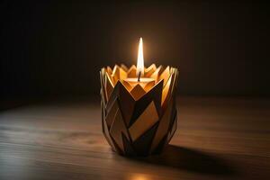 Creative burning candle on a wooden background. ai generative photo