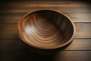 Empty wooden bowl on wooden background. Top view. Copy space. ai generative photo