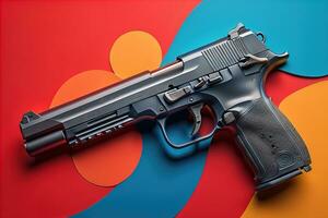 Semi-automatic handgun on a solid color background. Close-up. ai generative photo