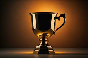 Golden trophy cup on wooden table. Award concept. ai generative photo