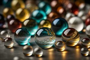 Colorful glass marbles on a the table. Selective focus. ai generative photo