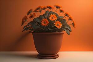 Flowers in a pot on a solid color background. ai generative photo