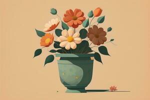 Flowerpot with daisies. Vector illustration in retro style. ai generative photo