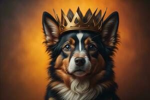 Portrait of a cute dog in a golden crown on a solid color background. ai generative photo