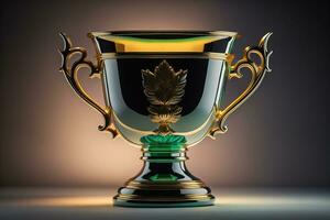 Golden trophy cup on wooden table. Award concept. ai generative photo