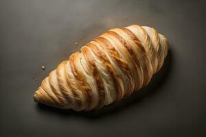 Freshly baked croissants on a wooden table, close up. ai generative photo