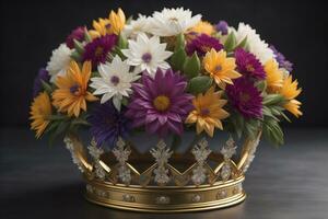 low key image of beautiful golden queen, king crown. ai generative photo