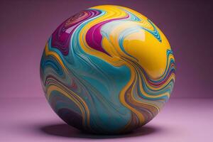 Colorful marble ball on a solid colour background. Close-up. ai generative photo