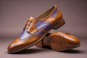 Men's shoes on a solid colour background. Studio shot. ai generative photo