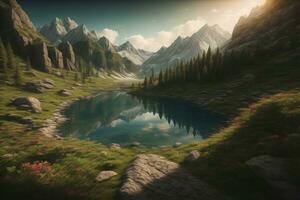 Beautiful fantasy landscape with a river in the mountains. ai generative photo