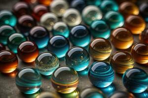 Colorful glass marbles on a the table. Selective focus. ai generative photo