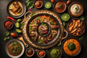 Top view of different indian dishes on dark background. Indian cuisine. ai generative photo