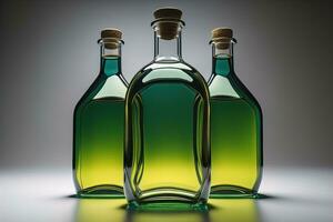 Bottle with a liquid on a solid color background. ai generative photo