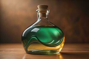 Bottle with a liquid on a solid color background. ai generative photo