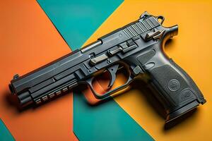 Semi-automatic handgun on a solid color background. Close-up. ai generative photo