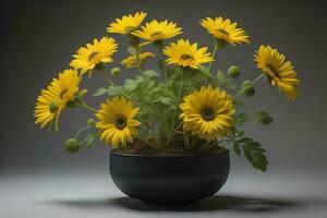 Flowers in a pot on a solid color background. ai generative photo