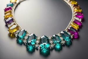 necklace on a black background with a lot of jewelry precious stones. ai generative photo