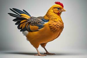 Colorful chicken on a solid color background, studio photo. ai generative photo