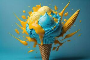 Ice cream in waffle cone on blue background, top view, flat lay. ai generative photo