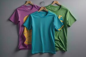 Colorful t-shirts in front of dark background. ai generative photo