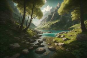 Beautiful fantasy landscape with a river in the mountains. ai generative photo