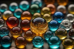 Colorful glass marbles on a the table. Selective focus. ai generative photo