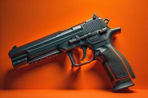 Semi-automatic handgun on a solid color background. Close-up. ai generative photo