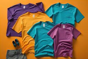 Colorful t-shirts in front of dark background. ai generative photo