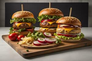 Hamburgers with french fries on wooden table, closeup. ai generative photo