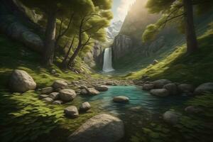 Beautiful fantasy landscape with a river in the mountains. ai generative photo