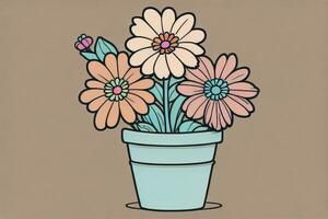 Illustration of a flowerpot with pink and blue flowers on a gray background. ai generative photo