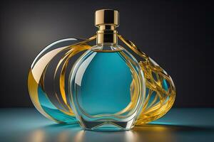 Creative and brandless Perfume bottle and flower on the wooden table, closeup. ai generative photo