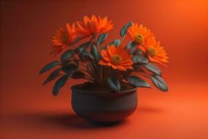 Flowers in a pot on a solid color background. ai generative photo