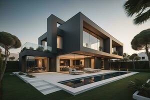 modern cozy house with pool and parking, luxurious style and beautiful landscaping on background. ai generative photo