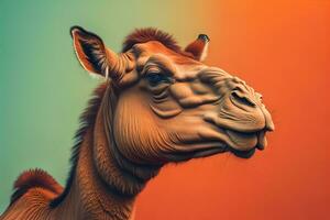 Camel head on solid color background, close up. Vintage style. ai generative photo