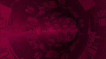 Animated magenta red sci-fi circular tunnel with electronic circuit board texture on surface background video