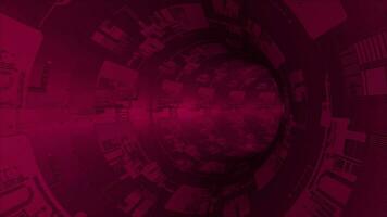 Animated magenta red sci-fi circular tunnel with electronic circuit board texture on surface background video