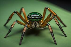 jumping spider closeup on solid color background, copyspace. ai generative photo