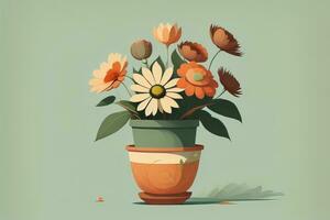 Flowerpot with daisies. Vector illustration in retro style. ai generative photo