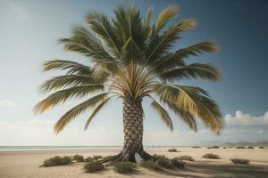 palma árbol en el playa. verano vacaciones concepto. ai generativo foto