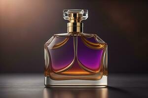 Creative and brandless Perfume bottle and flower on the wooden table, closeup. ai generative photo