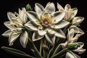 Bouquet of snowdrops on a black background. Studio photography. ai genrative photo