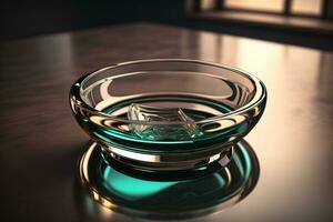 Empty glossy transparent ashtray on a dark background. ai generative photo