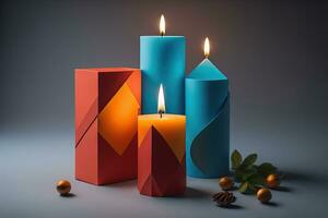 Burning aroma candle on wooden table against solid color background, copyspace. ai generative photo