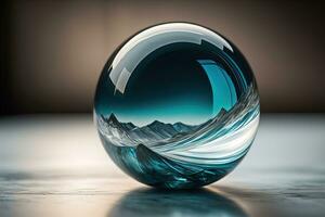 Transparent crystal ball on a wooden table. ai generative photo