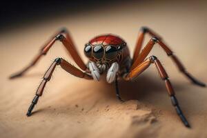 jumping spider closeup on solid color background, copyspace. ai generative photo