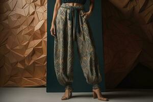 Young woman in traditional thai costume standing on the floor against solid color background. ai generative photo